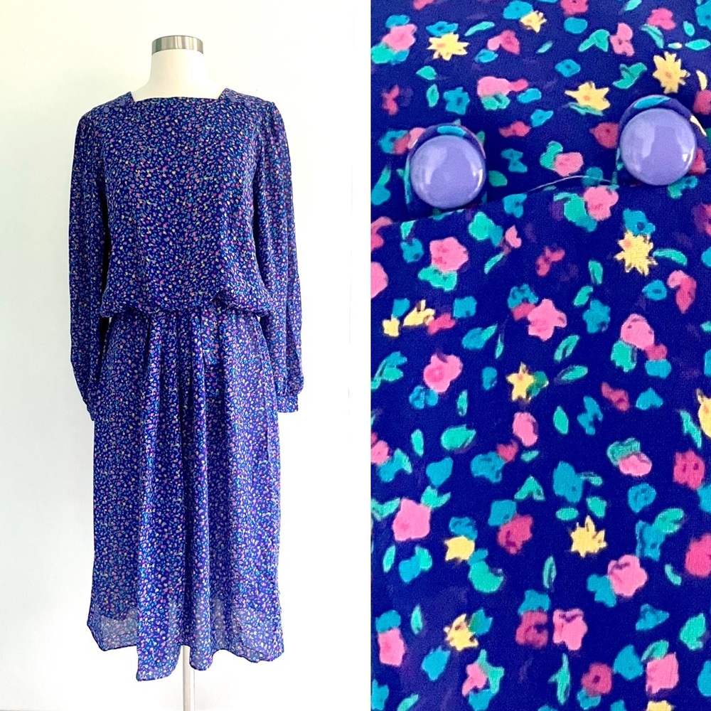 Vintage 80’s purple pink & yellow flower secretary dress